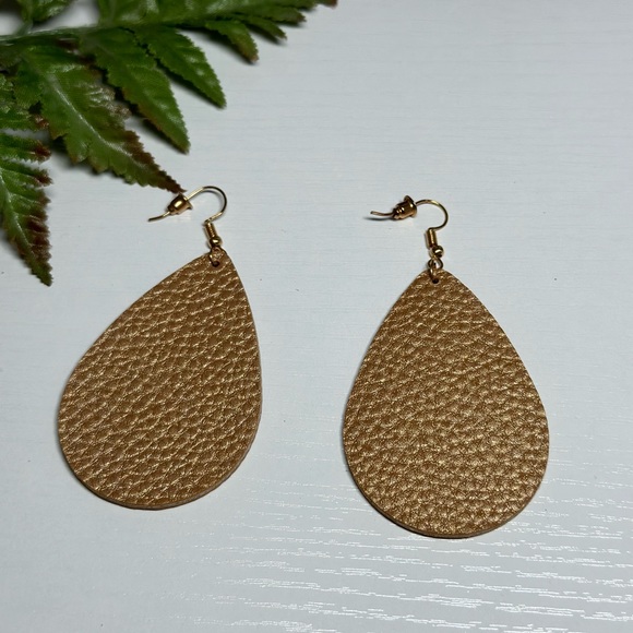 GOLD Faux Leather Earrings Tear Drop Design - Picture 3 of 6
